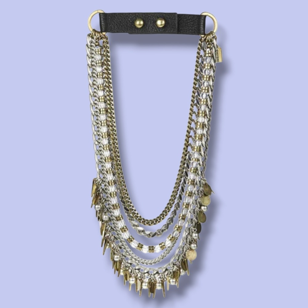 Jenny Bird Talitha Necklace Mixed Metal Chain Fringe Leather Collar 18"